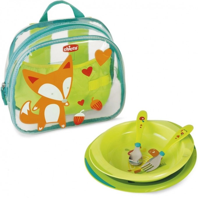 Набор детской посуды CHICCO (тарелка 2 шт, ложка, вилка) в рюкзачке 18м+ 16202300000