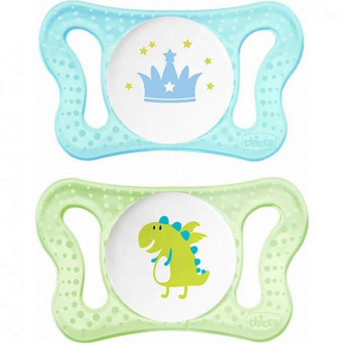 Пустышка CHICCO MICRO для принца, силиконовая, 0-2 мес., 2 шт., корона/динозавр 310210167